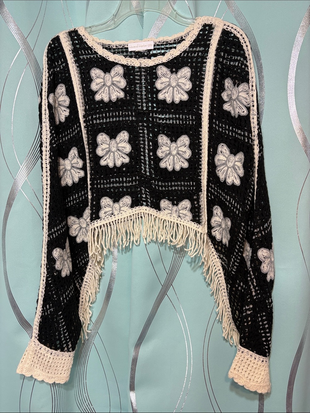 House of Harlow 1960 Black and Cream Floral Crochet Fringe Sweater Poncho